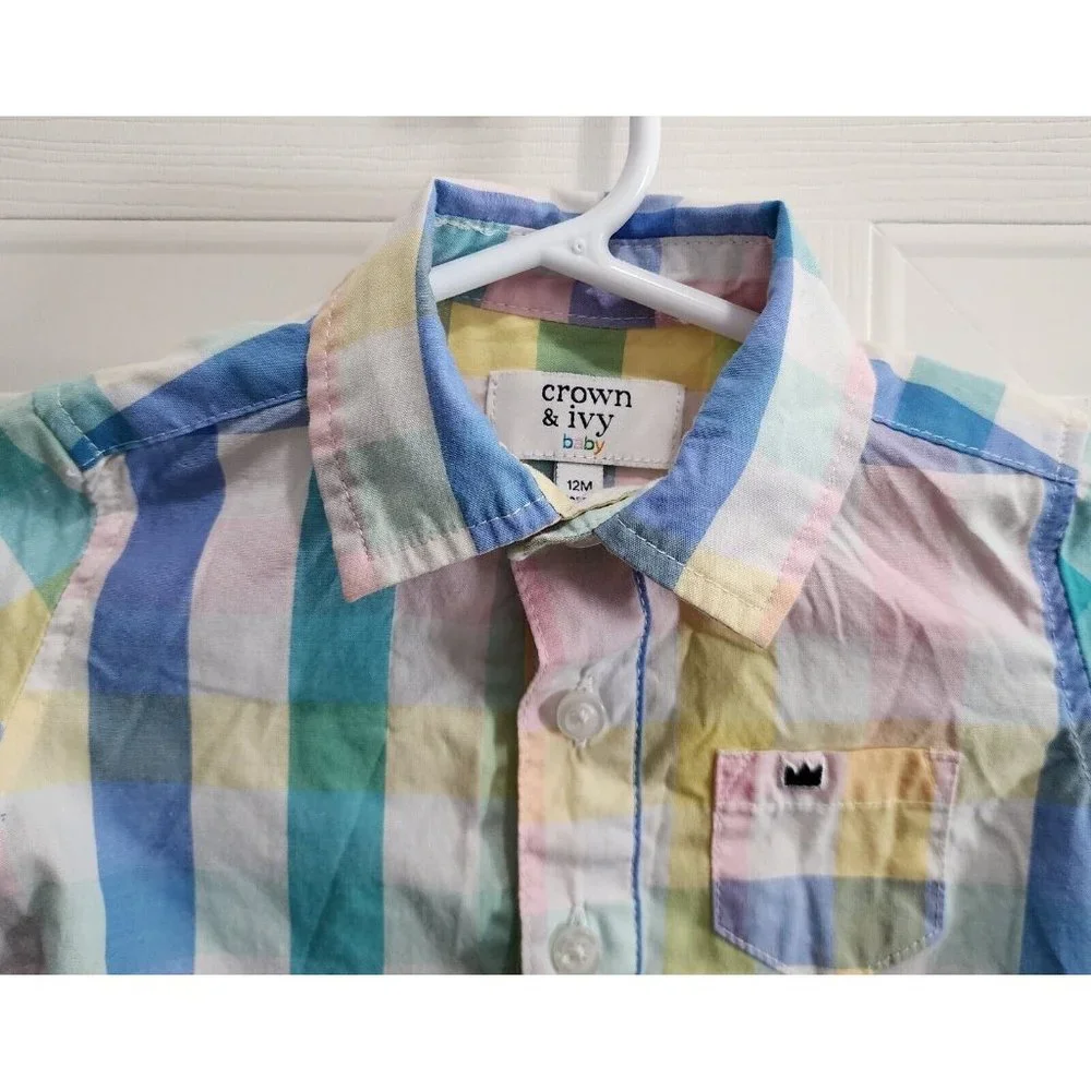 Crown‎ & Ivy Baby Boy Short Sleeve Collared One Piece Bodysuit Plaid Size 12M